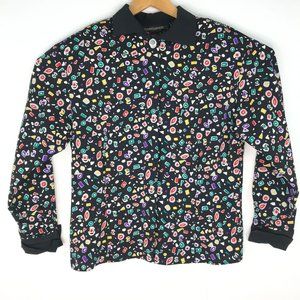 Counterparts Womens 10 Button Blouse Long Sleeve Collared Abstract Print Black